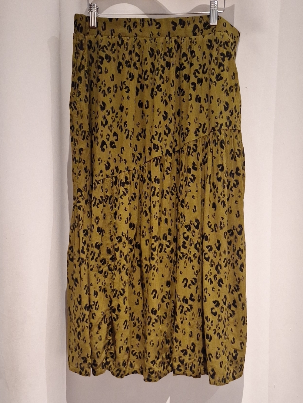 Garnet Hill Olive Leopard Print Tiered Midi Skirt